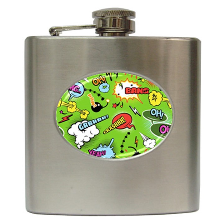 Modern-comics-background-pattern-with-bombs-lightening-jagged-clouds-speech-bubbles Hip Flask (6 oz)