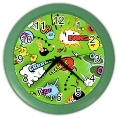 Modern-comics-background-pattern-with-bombs-lightening-jagged-clouds-speech-bubbles Color Wall Clock by Vaneshart