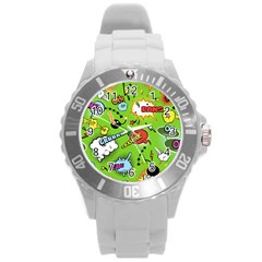 Modern-comics-background-pattern-with-bombs-lightening-jagged-clouds-speech-bubbles Round Plastic Sport Watch (l) by Vaneshart