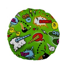 Modern-comics-background-pattern-with-bombs-lightening-jagged-clouds-speech-bubbles Standard 15  Premium Round Cushions by Vaneshart