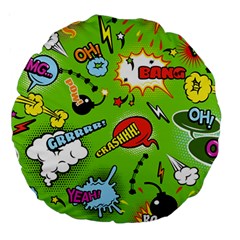 Modern-comics-background-pattern-with-bombs-lightening-jagged-clouds-speech-bubbles Large 18  Premium Round Cushions