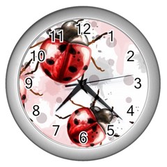 Ladybugs-pattern-texture-watercolor Wall Clock (silver) by Vaneshart