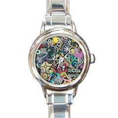 Cartoon-cute-doodles-hand-drawn-auto-service-seamless-pattern Round Italian Charm Watch by Vaneshart