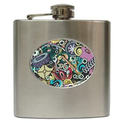 Cartoon-cute-doodles-hand-drawn-auto-service-seamless-pattern Hip Flask (6 Oz) by Vaneshart