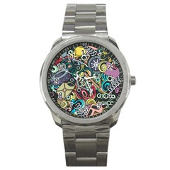 Cartoon-cute-doodles-hand-drawn-auto-service-seamless-pattern Sport Metal Watch by Vaneshart