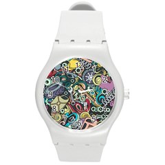 Cartoon-cute-doodles-hand-drawn-auto-service-seamless-pattern Round Plastic Sport Watch (m) by Vaneshart