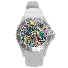 Cartoon-cute-doodles-hand-drawn-auto-service-seamless-pattern Round Plastic Sport Watch (l) by Vaneshart