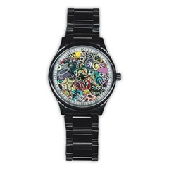 Cartoon-cute-doodles-hand-drawn-auto-service-seamless-pattern Stainless Steel Round Watch by Vaneshart