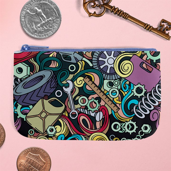 Cartoon-cute-doodles-hand-drawn-auto-service-seamless-pattern Large Coin Purse