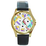 Tridimensional-pastel-shapes-background-memphis-style Round Gold Metal Watch Front