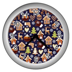 Winter-seamless-patterns-with-gingerbread-cookies-holiday-background Wall Clock (silver) by Vaneshart