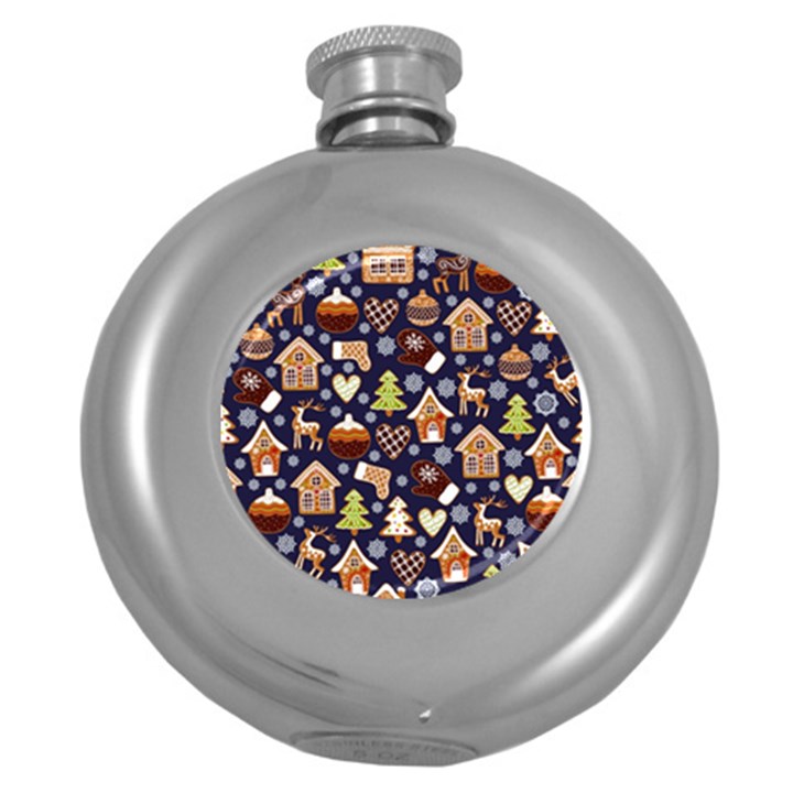 Winter-seamless-patterns-with-gingerbread-cookies-holiday-background Round Hip Flask (5 oz)