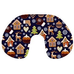 Winter-seamless-patterns-with-gingerbread-cookies-holiday-background Travel Neck Pillow by Vaneshart