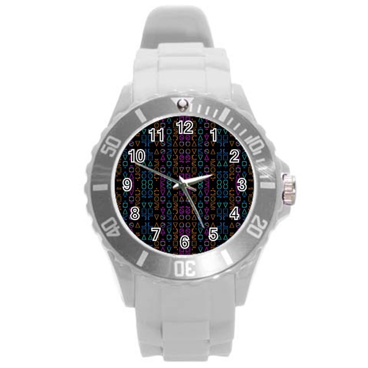 Neon Geometric Seamless Pattern Round Plastic Sport Watch (L)