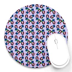 Goth Girl In Blue Dress Lilac Pattern Round Mousepads by snowwhitegirl