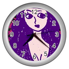 Purple Cat Ear Hat Girl Floral Wall Wall Clock (silver) by snowwhitegirl