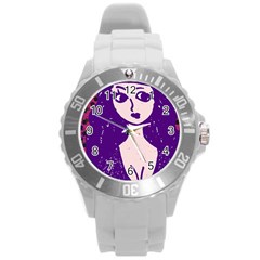 Purple Cat Ear Hat Girl Floral Wall Round Plastic Sport Watch (l) by snowwhitegirl