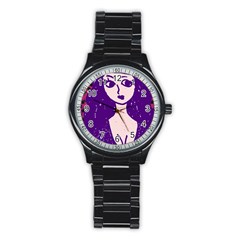 Purple Cat Ear Hat Girl Floral Wall Stainless Steel Round Watch by snowwhitegirl