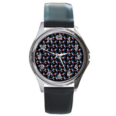 Goth Girl In Blue Dress Black Pattern Round Metal Watch by snowwhitegirl