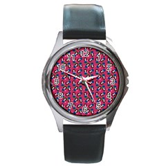 Goth Girl In Blue Dress Pink Pattern Round Metal Watch by snowwhitegirl