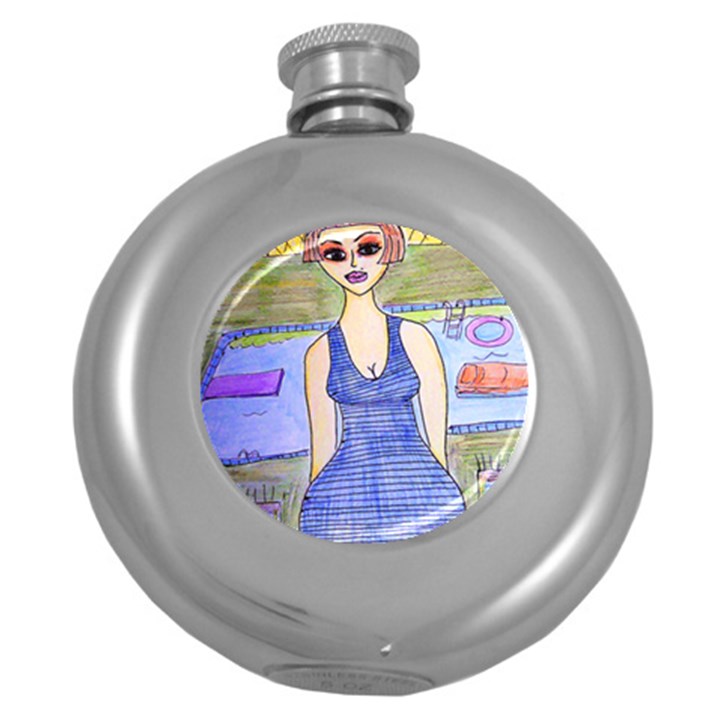 Swimmer By Pool Round Hip Flask (5 oz)