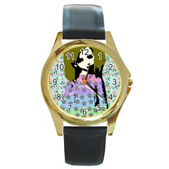 Girl With Star Striped Dress Round Gold Metal Watch by snowwhitegirl