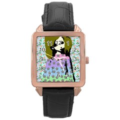 Girl With Star Striped Dress Rose Gold Leather Watch  by snowwhitegirl