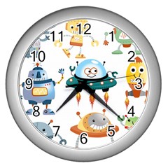 Vector set funny robots cartoon Wall Clock (Silver)