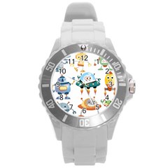 Vector set funny robots cartoon Round Plastic Sport Watch (L)