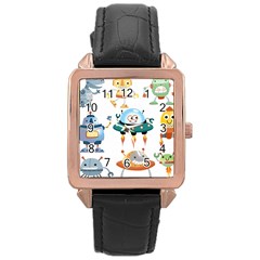 Vector set funny robots cartoon Rose Gold Leather Watch 