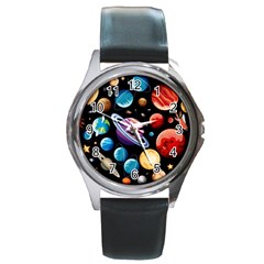 Background with many planets space Round Metal Watch