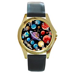 Background with many planets space Round Gold Metal Watch