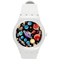 Background with many planets space Round Plastic Sport Watch (M)