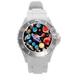 Background with many planets space Round Plastic Sport Watch (L)