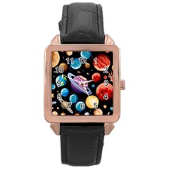 Background with many planets space Rose Gold Leather Watch 