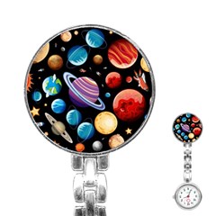 Background with many planets space Stainless Steel Nurses Watch