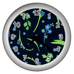 Abstract Wildflowers Dark Blue Background-blue Flowers Blossoms Flat Retro Seamless Pattern Daisy Wall Clock (silver) by BangZart