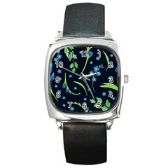 Abstract Wildflowers Dark Blue Background-blue Flowers Blossoms Flat Retro Seamless Pattern Daisy Square Metal Watch by BangZart