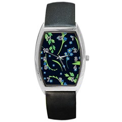 Abstract Wildflowers Dark Blue Background-blue Flowers Blossoms Flat Retro Seamless Pattern Daisy Barrel Style Metal Watch by BangZart