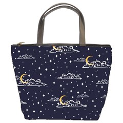 Hand Drawn Scratch Style Night Sky With Moon Cloud Space Among Stars Seamless Pattern Vector Design  Bucket Bag by BangZart