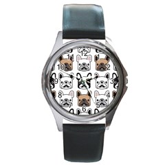 Dog French Bulldog Seamless Pattern Face Head Round Metal Watch by BangZart