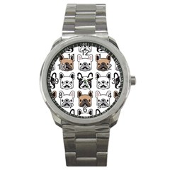 Dog French Bulldog Seamless Pattern Face Head Sport Metal Watch by BangZart