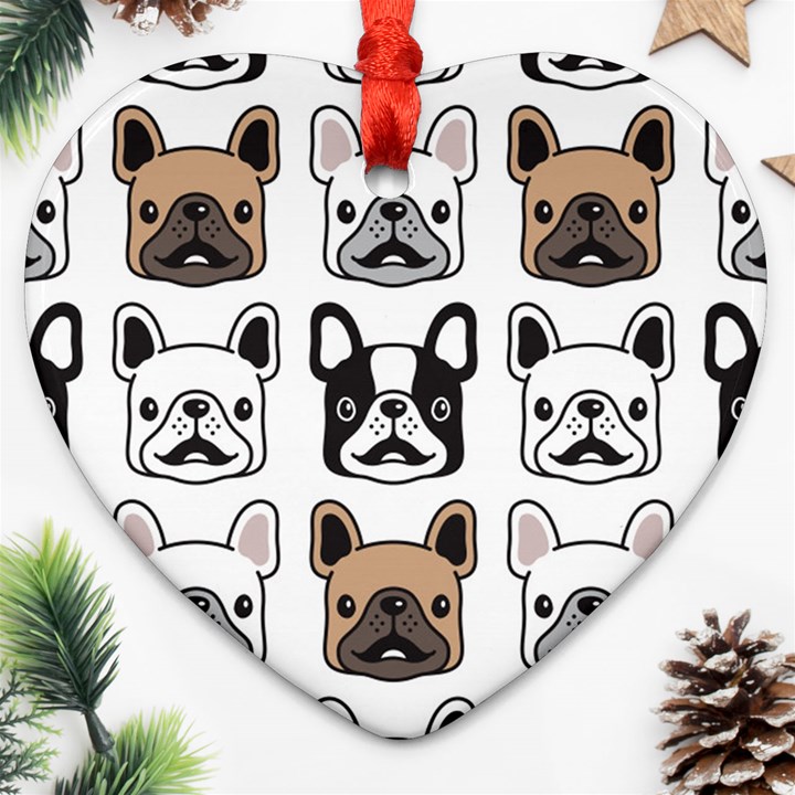 Dog french bulldog seamless pattern face head Heart Ornament (Two Sides)