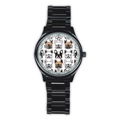 Dog French Bulldog Seamless Pattern Face Head Stainless Steel Round Watch by BangZart