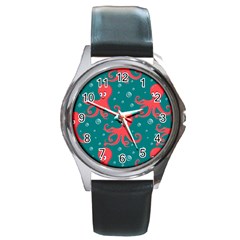 Cute Smiling Red Octopus Swimming Underwater Round Metal Watch by BangZart