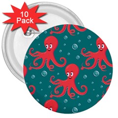 Cute Smiling Red Octopus Swimming Underwater 3  Buttons (10 Pack)  by BangZart