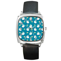 Elegant Swan Pattern With Water Lily Flowers Square Metal Watch by BangZart