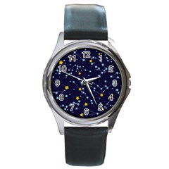 Seamless Pattern With Cartoon Zodiac Constellations Starry Sky Round Metal Watch by BangZart