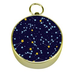 Seamless Pattern With Cartoon Zodiac Constellations Starry Sky Gold Compasses by BangZart