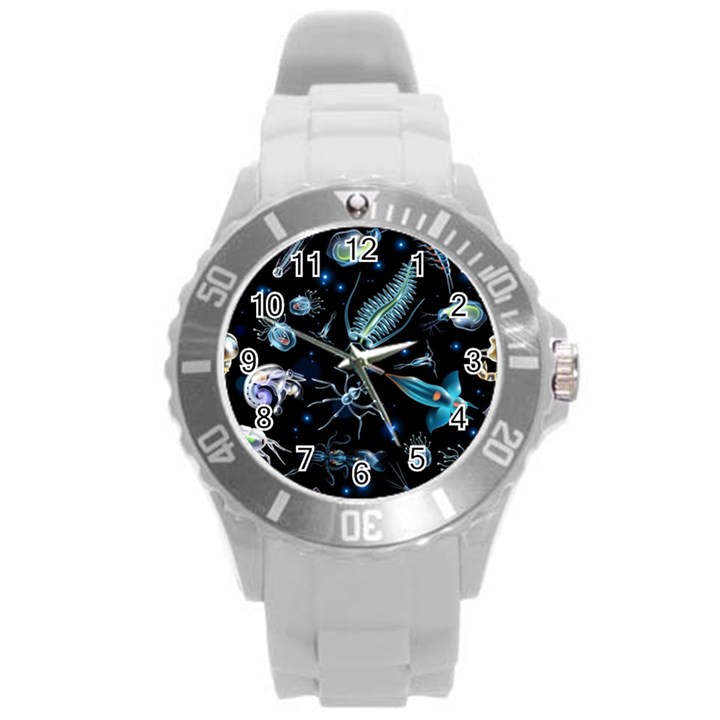 Colorful abstract pattern consisting glowing lights luminescent images marine plankton dark background Round Plastic Sport Watch (L)